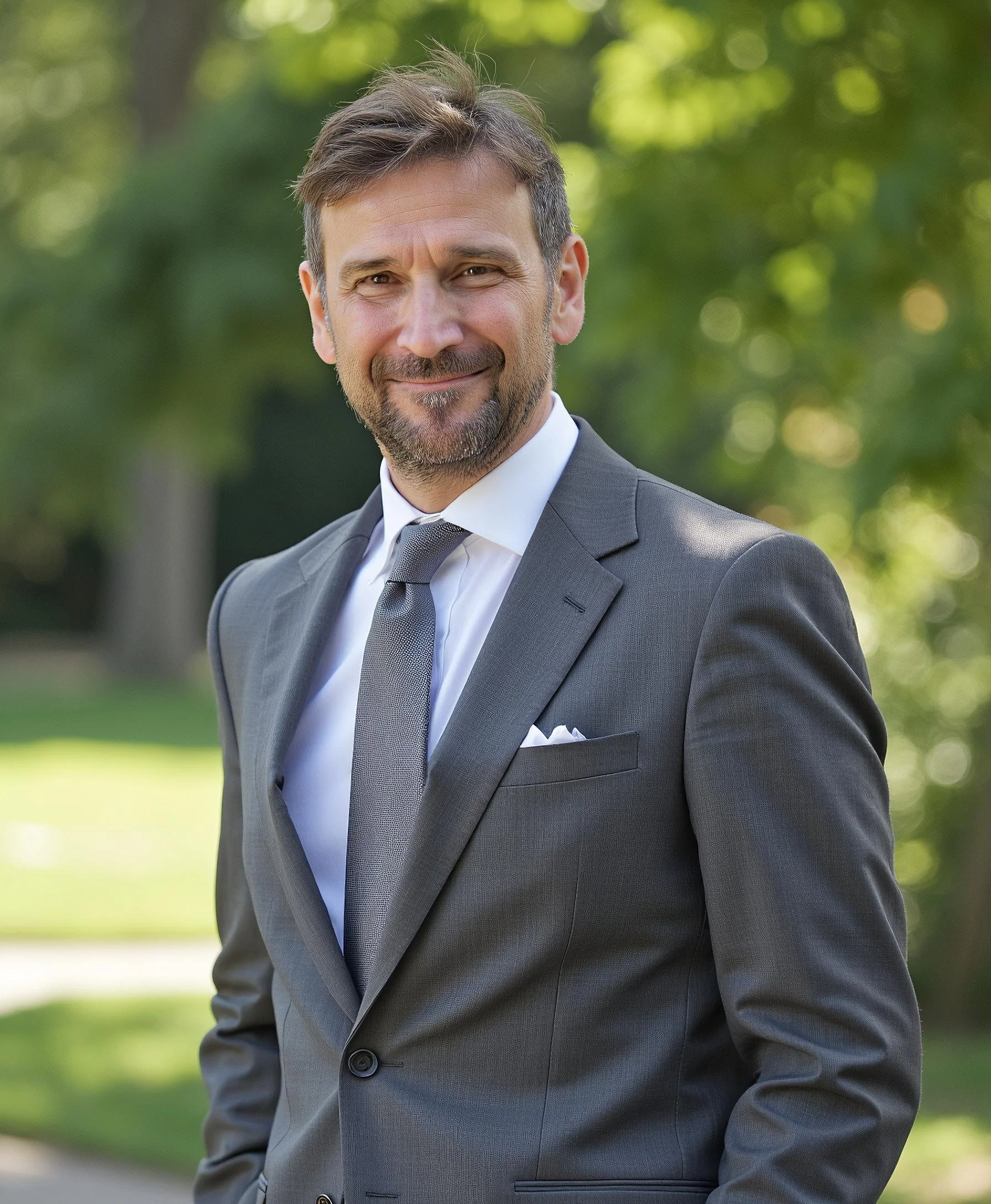 A middle-aged man in a gray suit and tie standing outdoors in a park with green trees in the background.