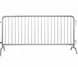 A metal crowd barrier with vertical bars and curved legs.