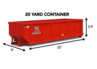 Red 20-yard container with dimensions 22 feet long, 8 feet wide, and 3.5 feet high, displaying a Saint Bernard dog logo on its side.