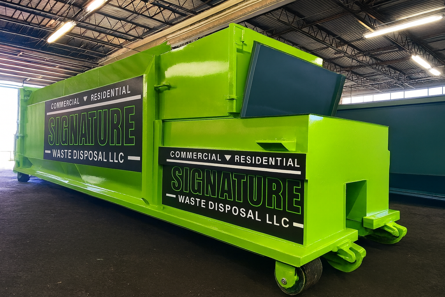 Bright green waste disposal dumpster with signage for 'Signature Waste Disposal LLC' in a warehouse, with the dumpster's lid slightly open.