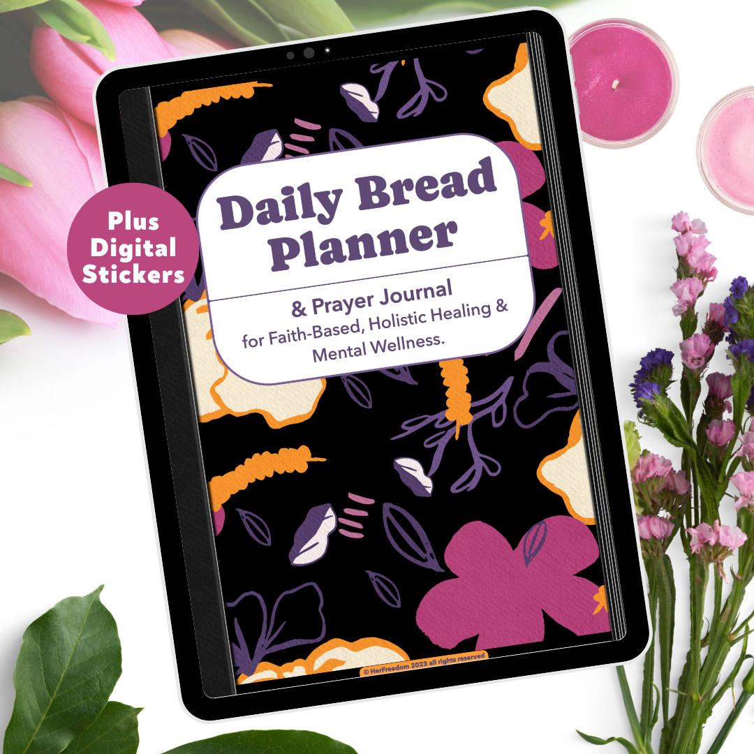 Digital planner titled 'Daily Bread Planner & Prayer Journal for Faith-Based, Holistic Healing & Mental Wellness' with colorful floral design on the cover, surrounding pink flowers and candles.