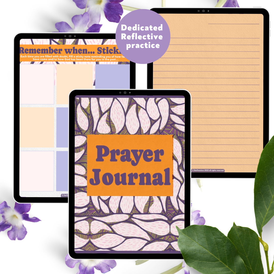 Digital tablets displaying prayer journals, one with a floral design and a title, another with a lined page, surrounded by purple flowers and green leaves. A purple circle label reads 'Dedicated Reflective Practice'.