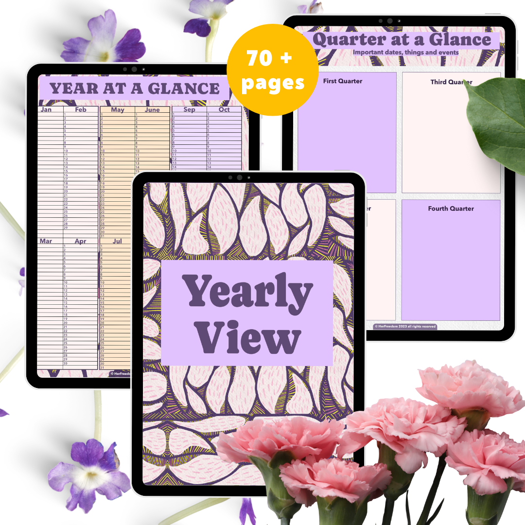 Digital planner pages for a yearly calendar, quarter at a glance, and a weekly view, decorated with pink flowers and foliage, highlighting that the planner contains 70 or more pages.