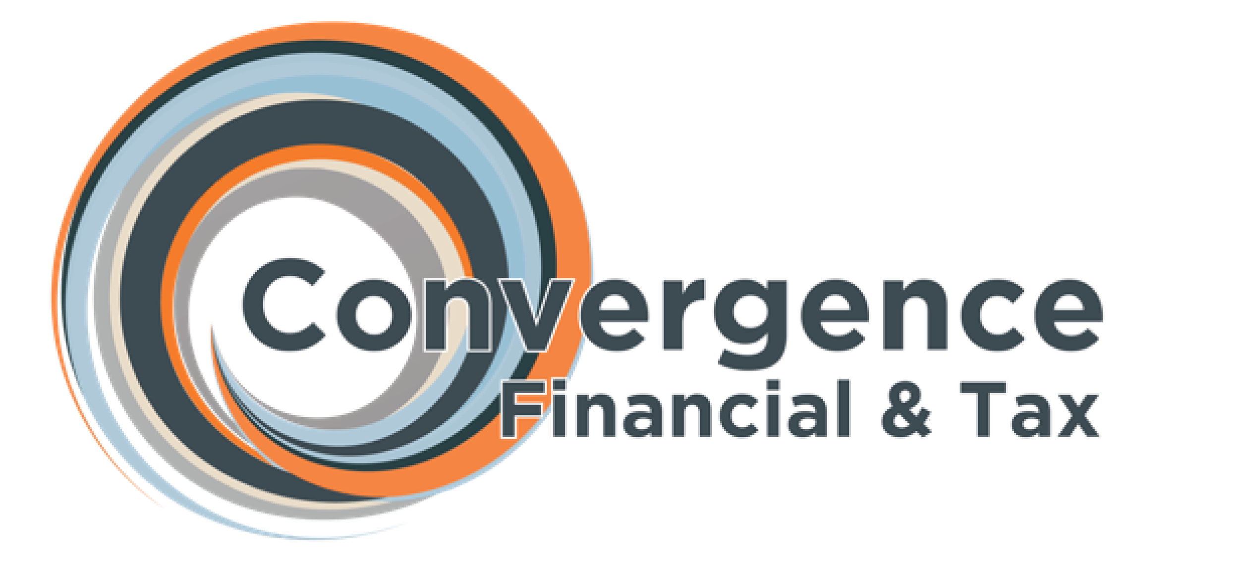 Graphic design featuring concentric circles in orange, gray, blue, and beige with the text "Convergence" in bold black and "Financial & Tax" below it.