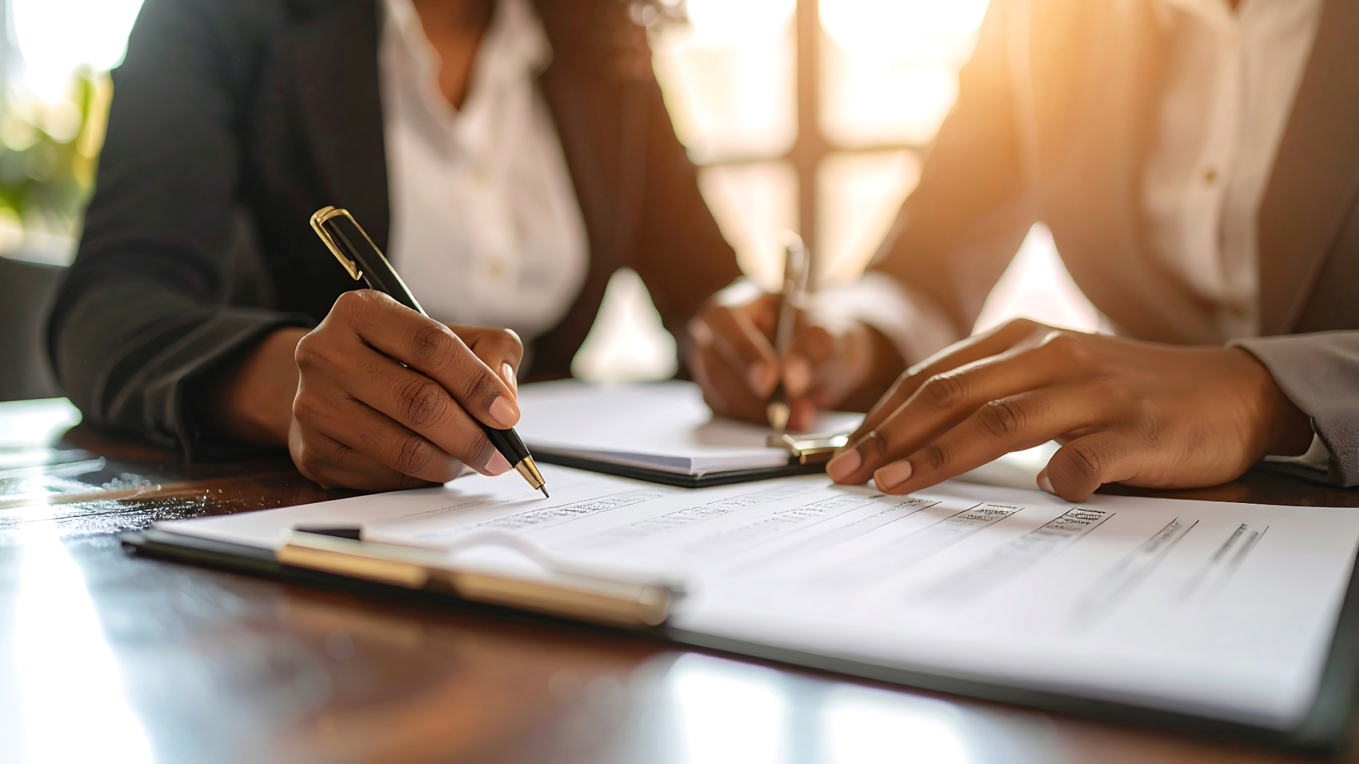 Two people in business attire signing documents at a wooden table, with sunlight streaming in from a window.