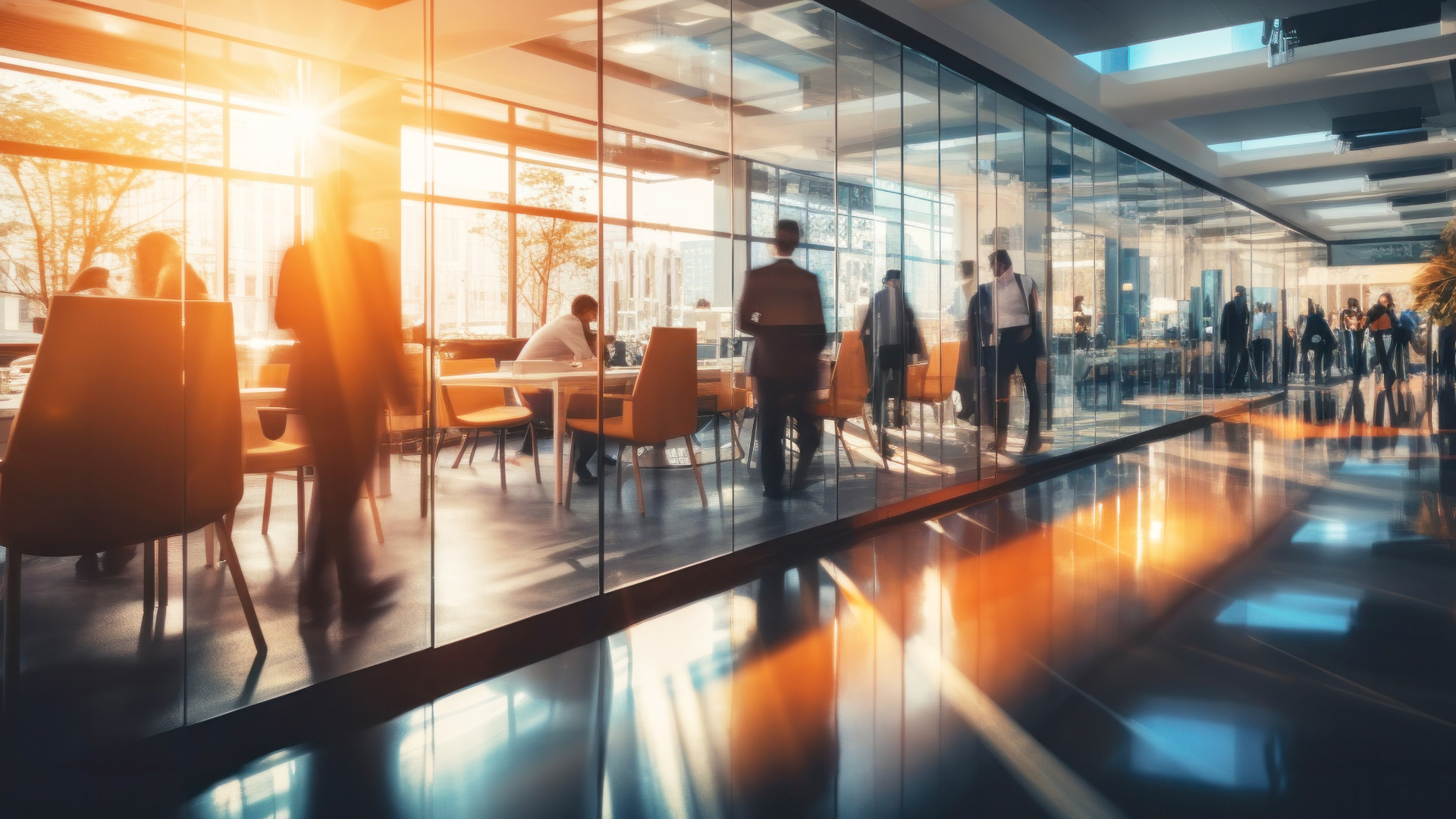 Modern office conference room with large glass windows, sunlight streaming in, and people working and walking inside.