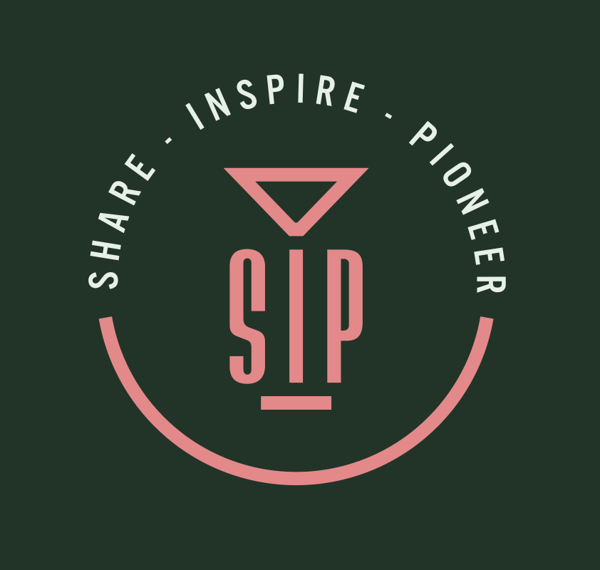 Logo with the words "Share, Inspire, Pioneer" in a circular arrangement around a pink triangle above the stylized pink letters "SIP" on a dark green background.