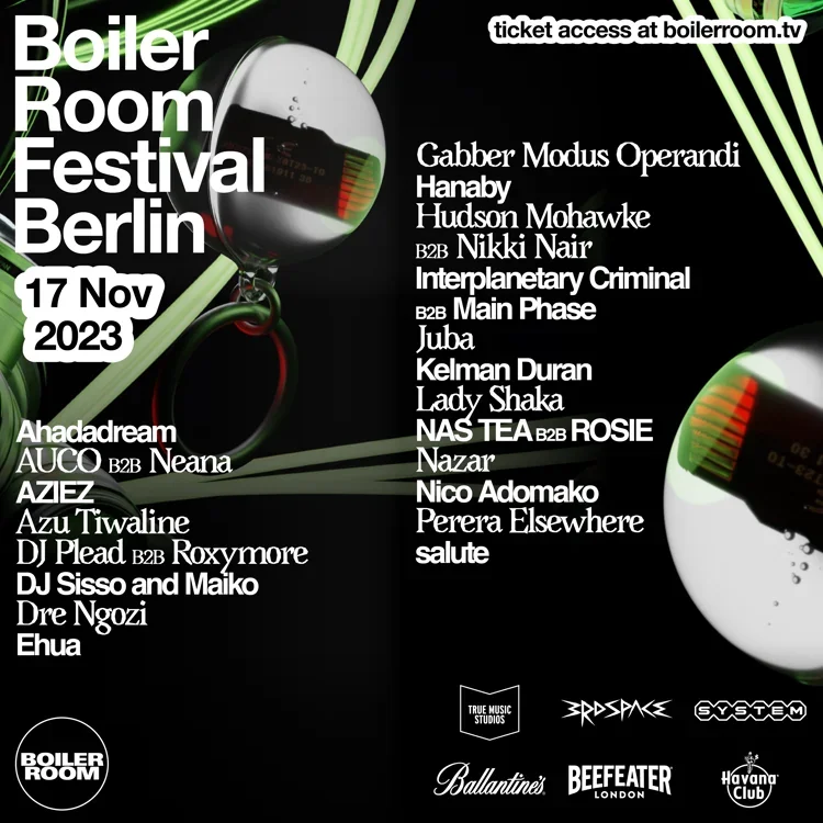 Poster for Boiler Room Festival Berlin, taking place on November 17, 2023, featuring various electronic music artists and DJs, with ticket access information at boilerroom.tv.