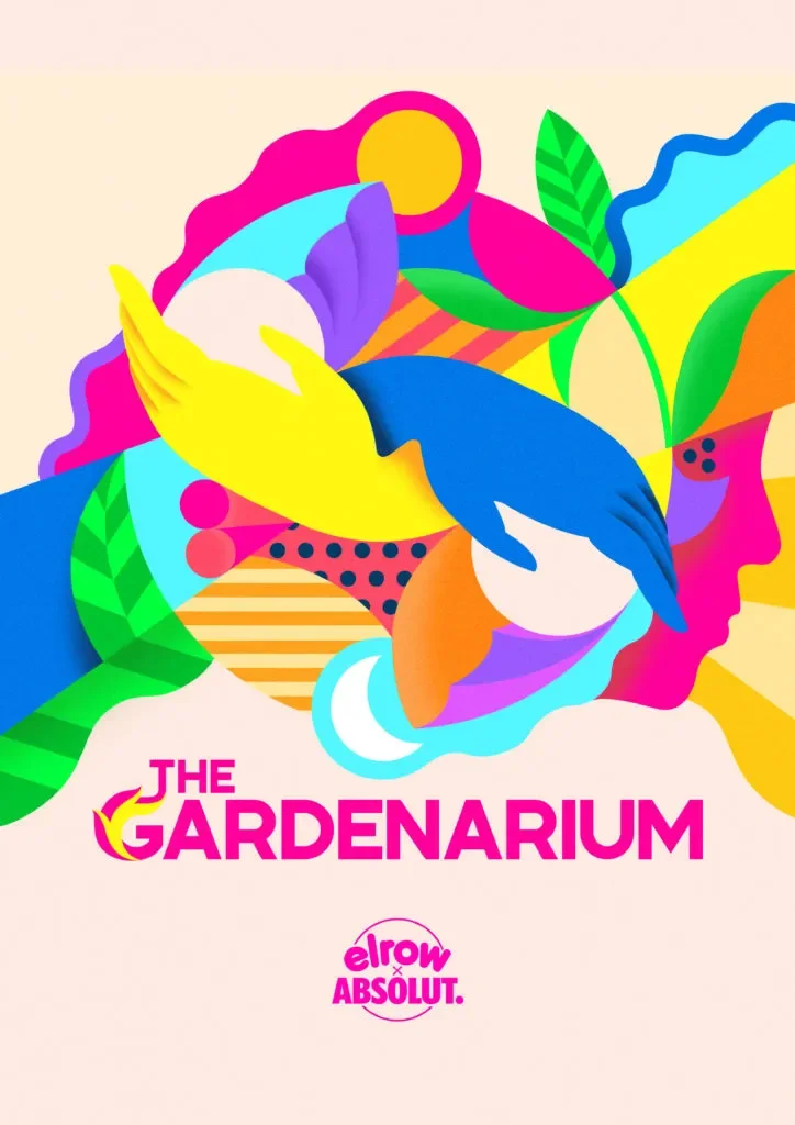 Colorful illustration of a garden scene with exotic plants, leaves, and abstract shapes. The text reads "The Gardenarium" with logos for Elrow and Absolut.