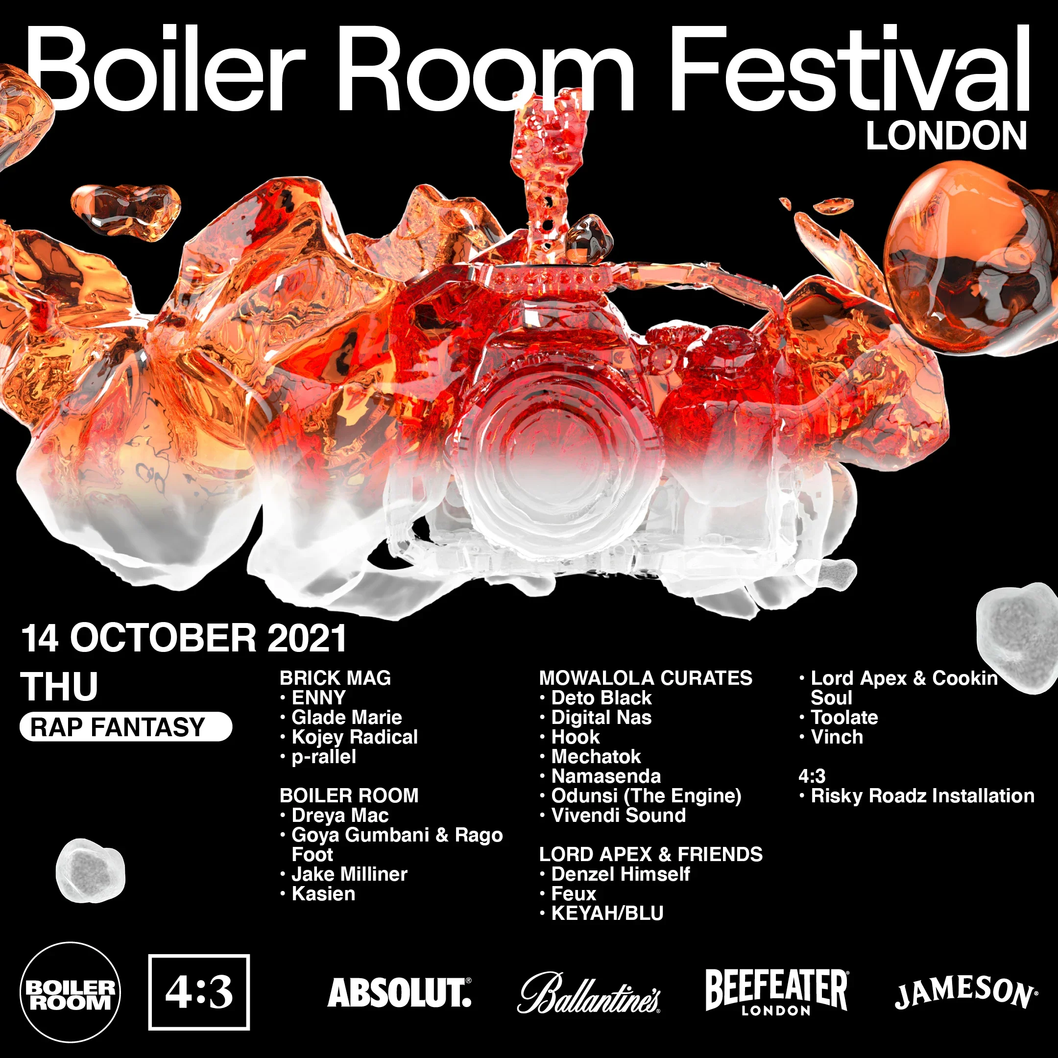 Event poster for Boiler Room Festival London on October 14, 2021, with a black background and abstract red and orange liquid art in the center. Text details the event date, location, and lineup of DJs and artists.