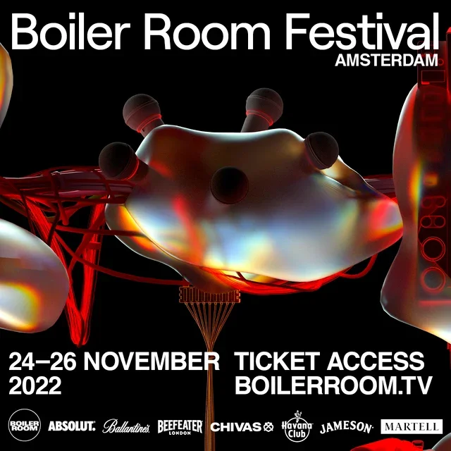 Digital poster for Boiler Room Festival Amsterdam featuring an abstract, glossy, metallic sculpture with microphones on top, red wire frame elements, and event details including dates, website, and sponsor logos.