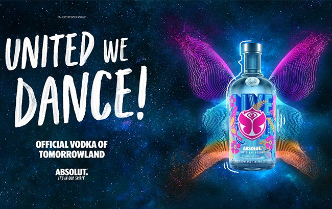 A promotional image for Absolut Vodka featuring a bottle with colorful butterfly wings and a galaxy background. The text reads "United We Dance!" and highlights Absolut as the official vodka of Tomorrowland.