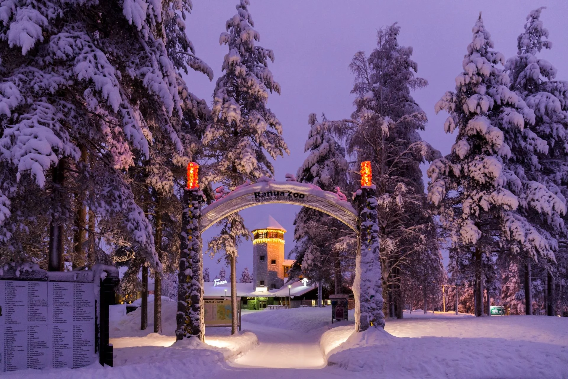 Snow-covered trees and entrance to Ranua Zoo with a tower in the background, illuminated at dusk or nighttime.