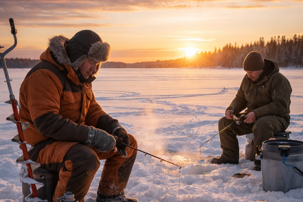 Two people ice fishing on a frozen lake during sunset, wearing warm winter clothing.