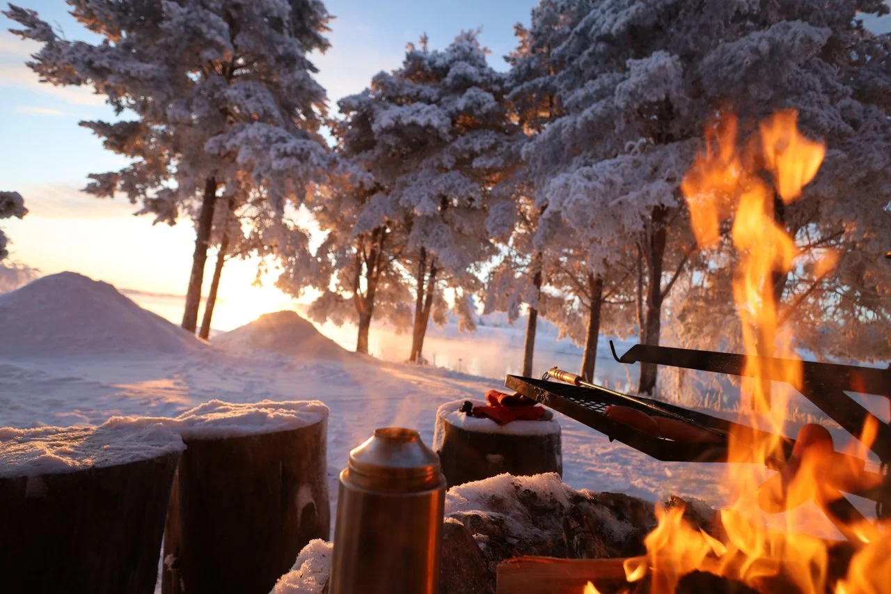 Snow-covered trees with a campfire in the foreground and sunset in the background.