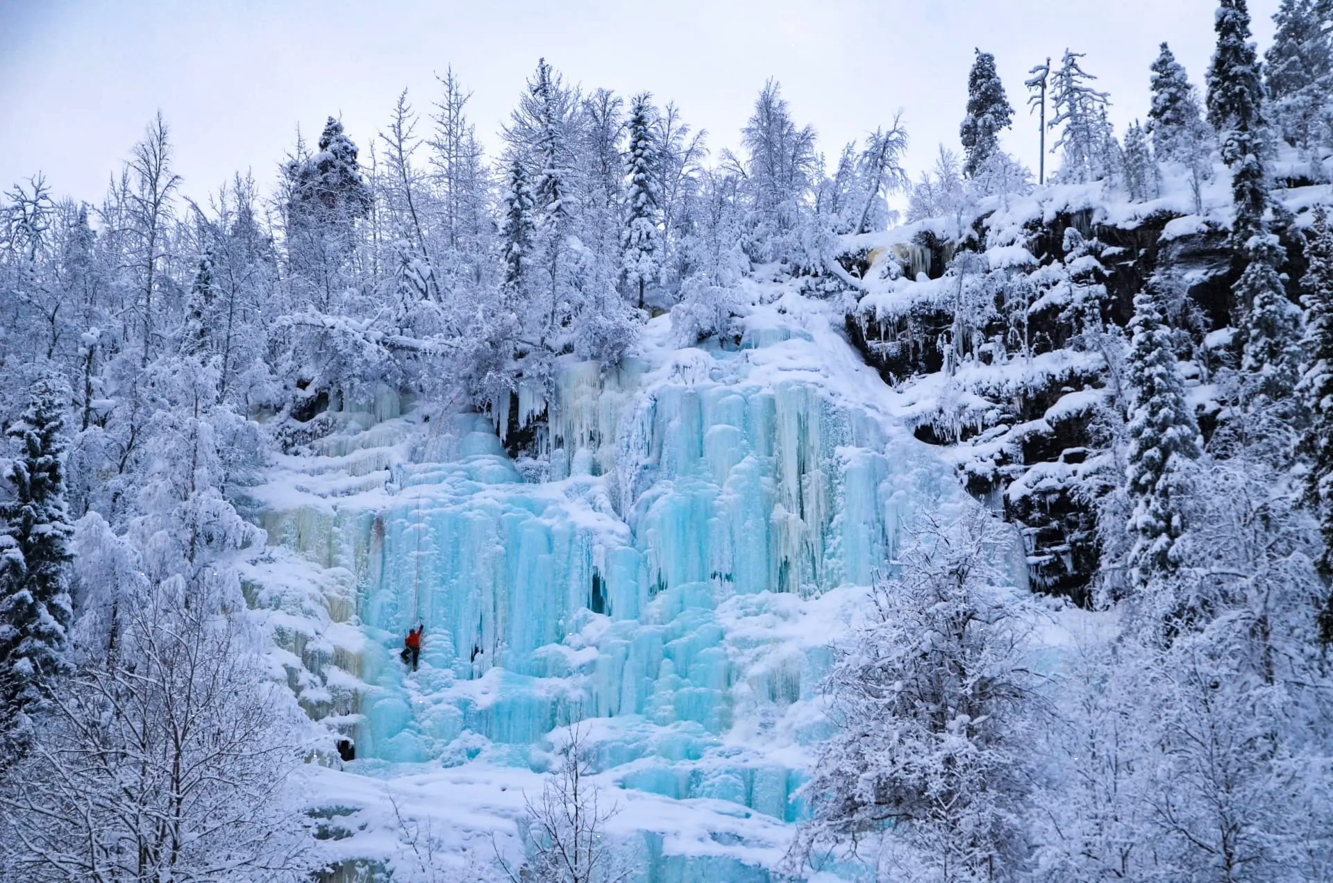 Frozen waterfall surrounded by snow-covered trees in a winter landscape.