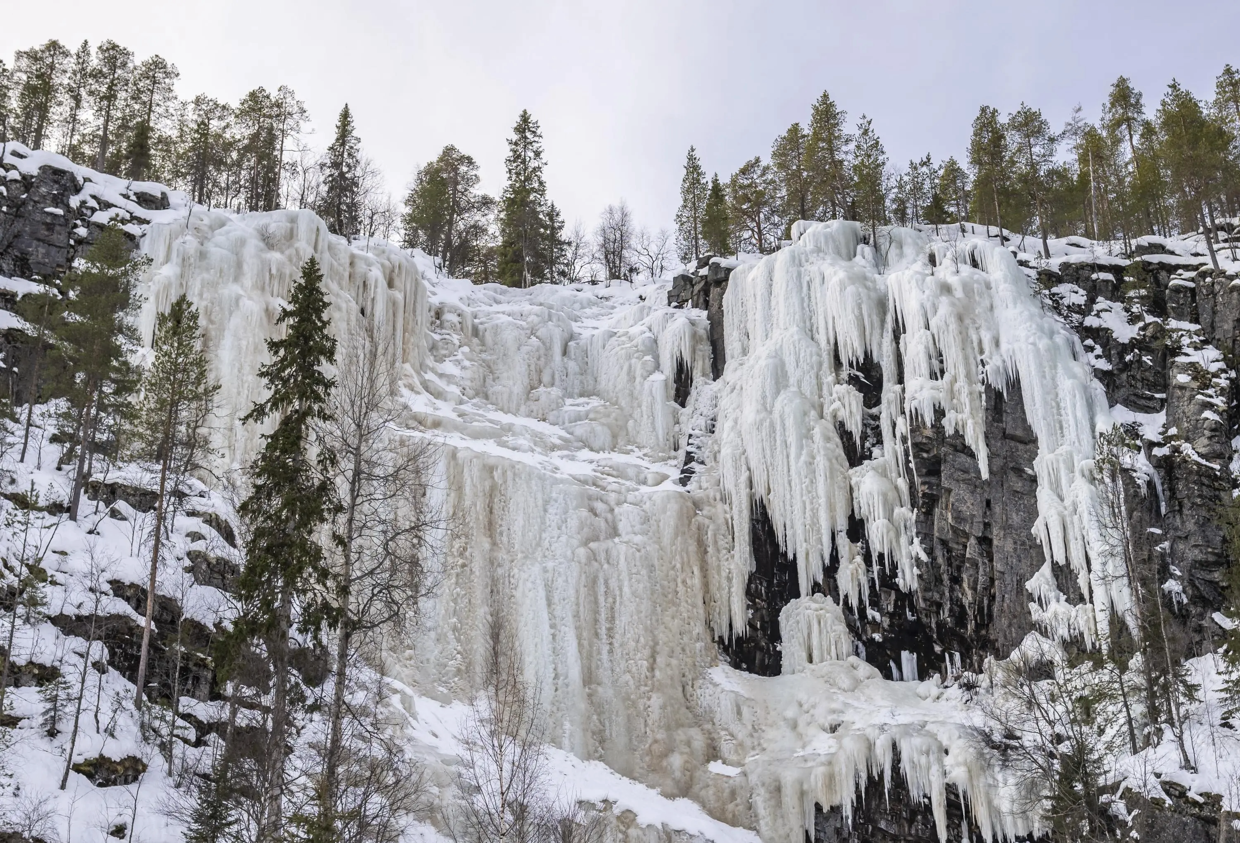 Frozen waterfall with icicles on a snowy mountainside, surrounded by pine trees.