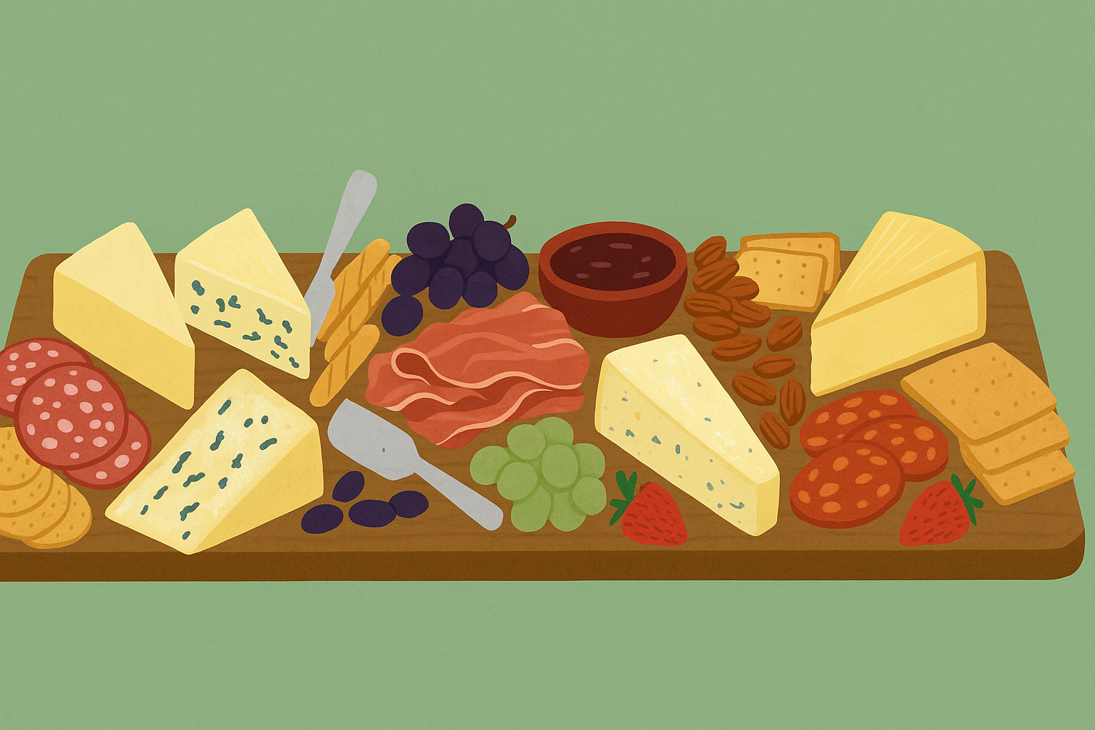 Cheese and charcuterie board with grapes, strawberries, crackers, nuts, and jam