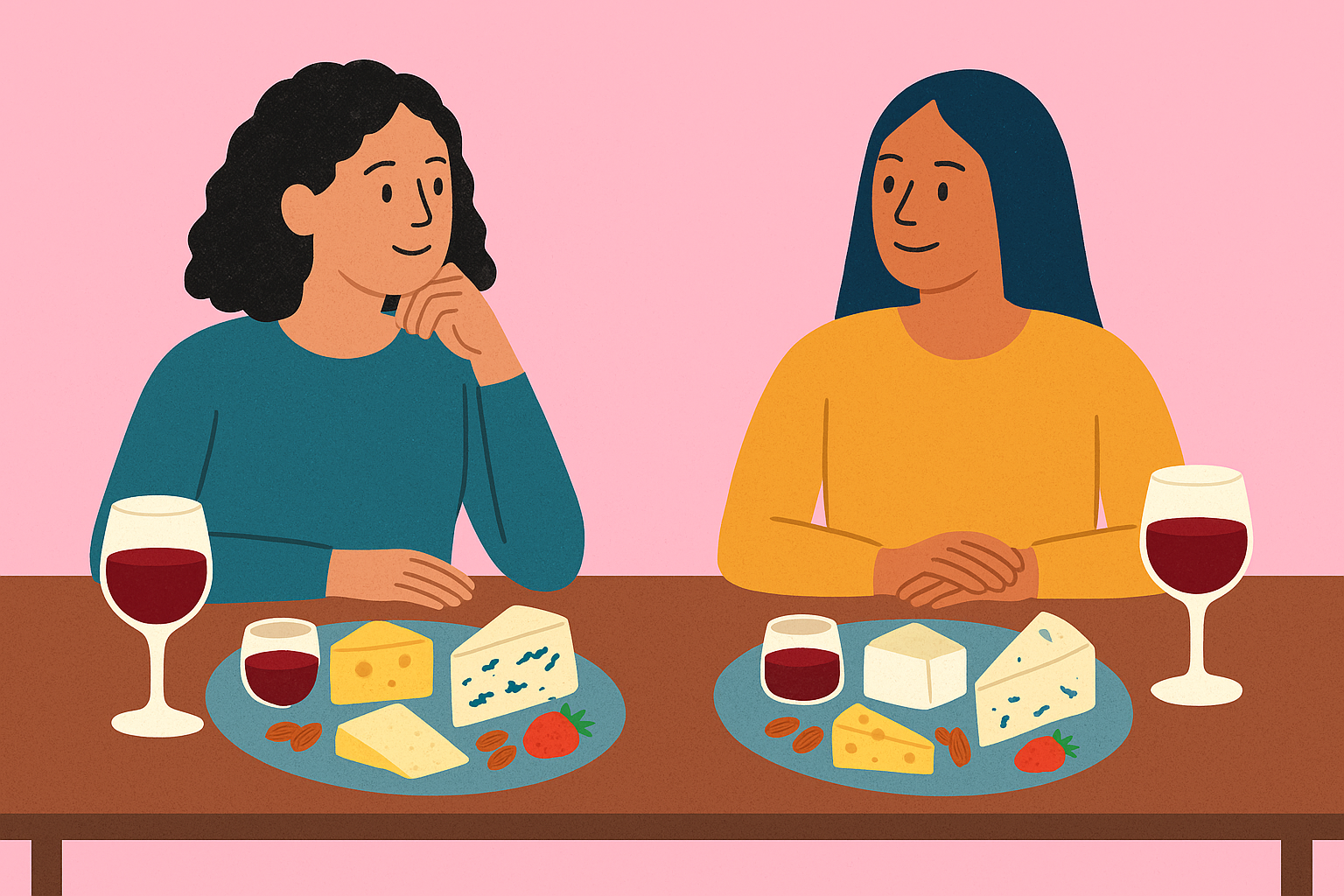Two women sitting at a table with plates of cheese, nuts, strawberries, and glasses of red wine, engaged in conversation.