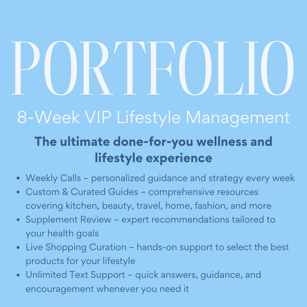 Light blue advertisement for an 8-week VIP lifestyle management program called Portfolio, highlighting personalized guidance, resources, expert recommendations, shopping support, and text support.