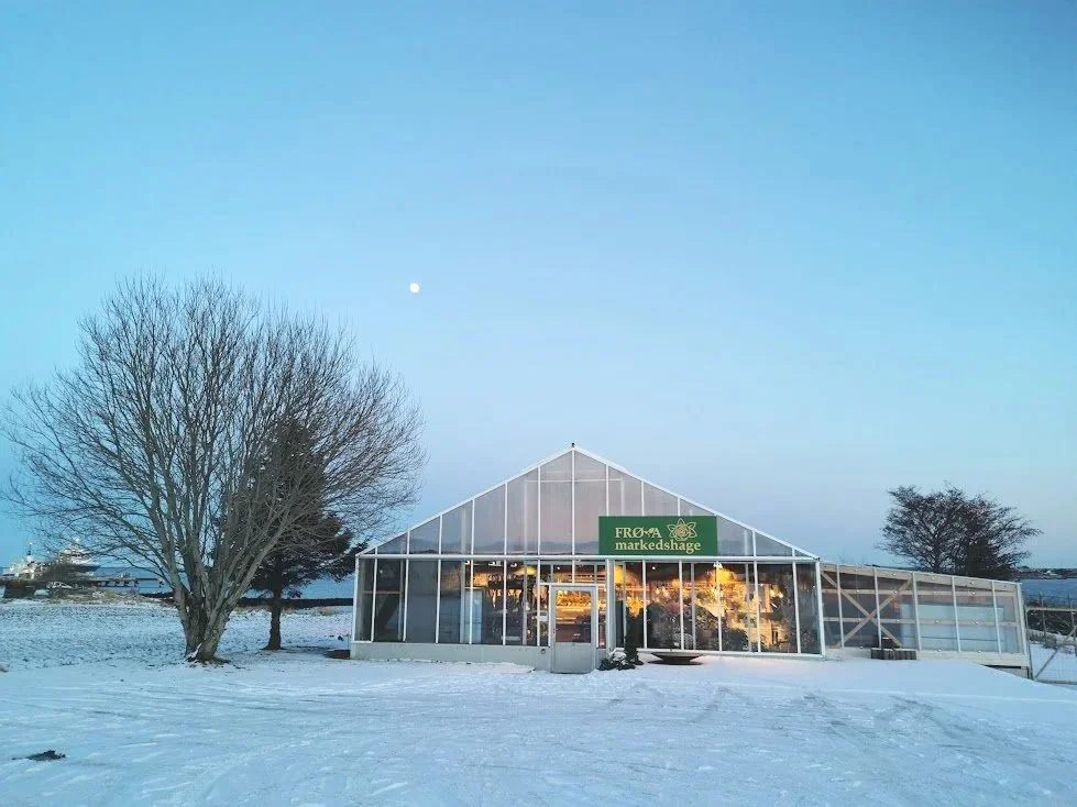 En drivhus i snølandskap.