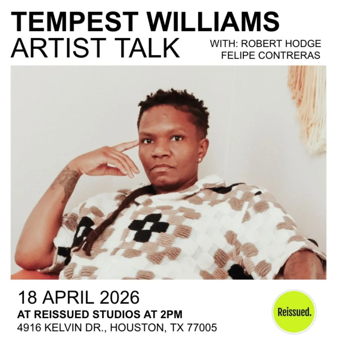 Join us Saturday, April 18 at 2 PM for an amazing conversation with @tempesttheartist @robertleroyhodge &amp; @furm__ @reissued_studio2