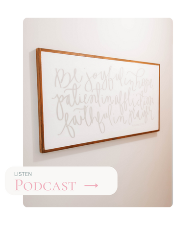 Framed whiteboard or artwork with faint cursive writing on a white wall, and a white button with pink text reading 'Listen Podcast' and an arrow.