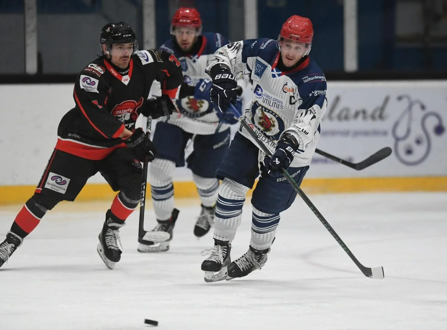 Three ice hockey players in action during a game, wearing jerseys and helmets, with one player in white and blue controlling the puck.