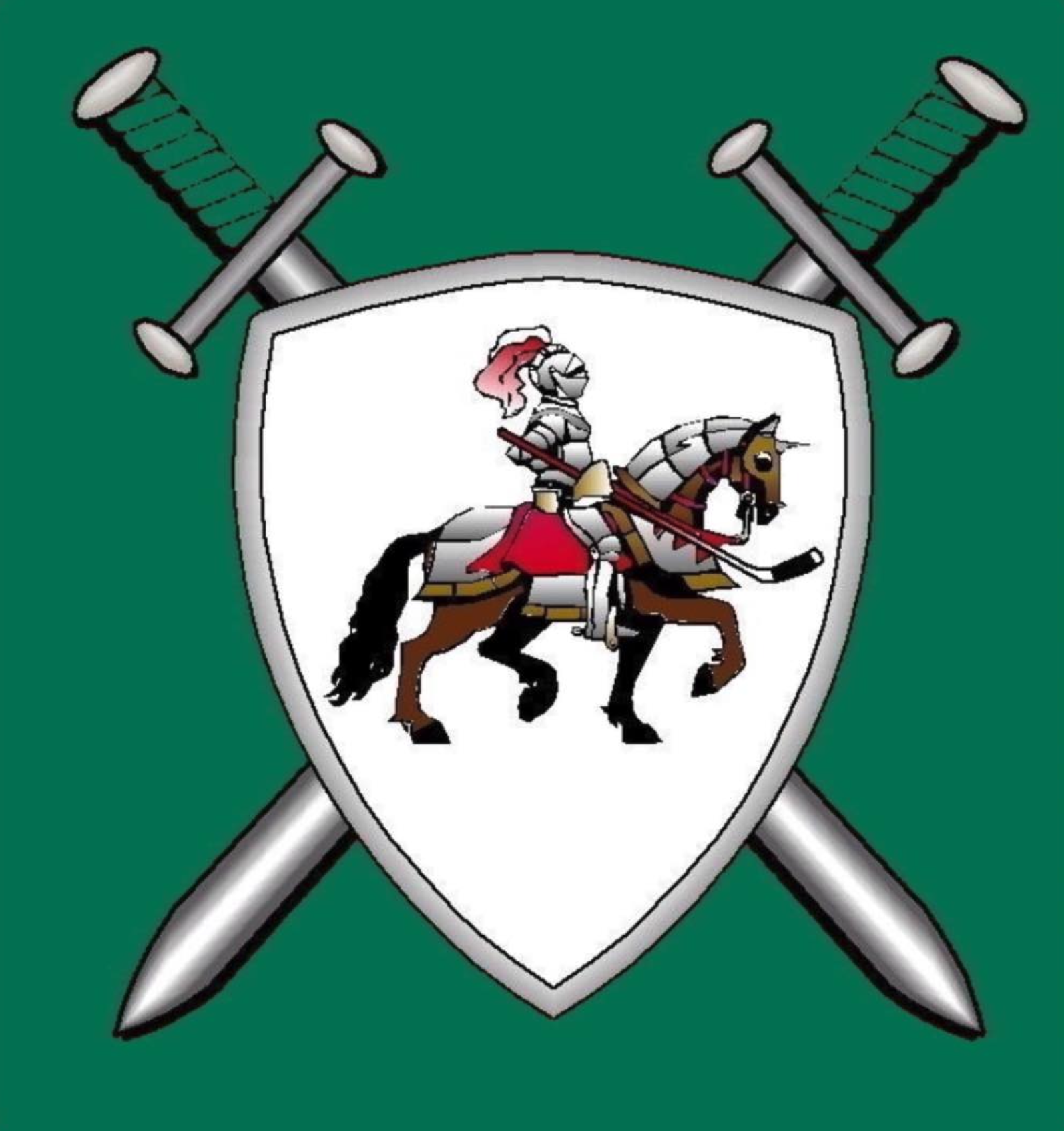 A medieval-style coat of arms featuring a shield with a knight in armor on a horse, holding a lance, set against a green background with two crossed swords behind the shield.