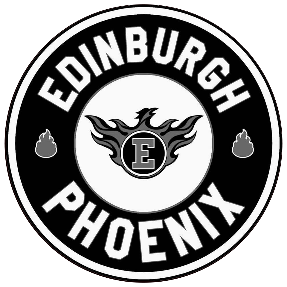 A circular emblem with the words "Edinburgh Phoenix" in bold white letters and an eagle with flames in the center, featuring a letter 'E'.