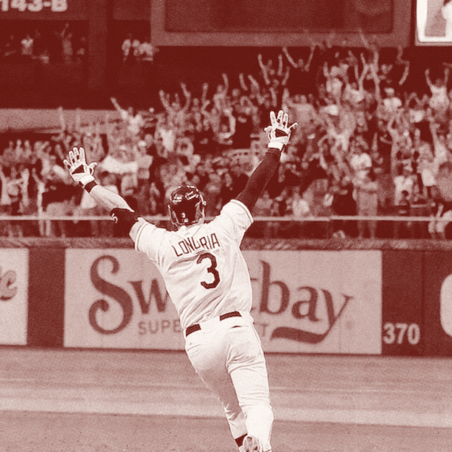 A baseball player wearing a jersey with the name 'Longria' and number 3 on the back celebrating with arms raised in front of a crowd of fans in the stands.