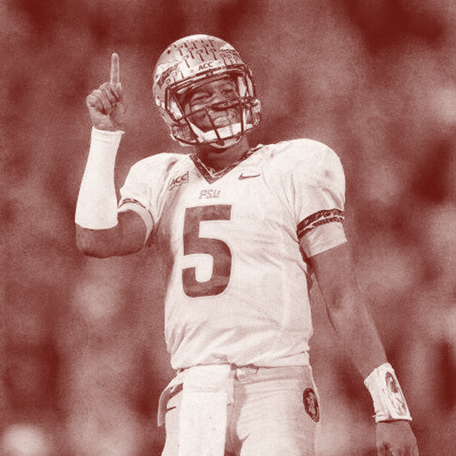 A football player in a helmet and uniform, number 5, celebrating on the field.