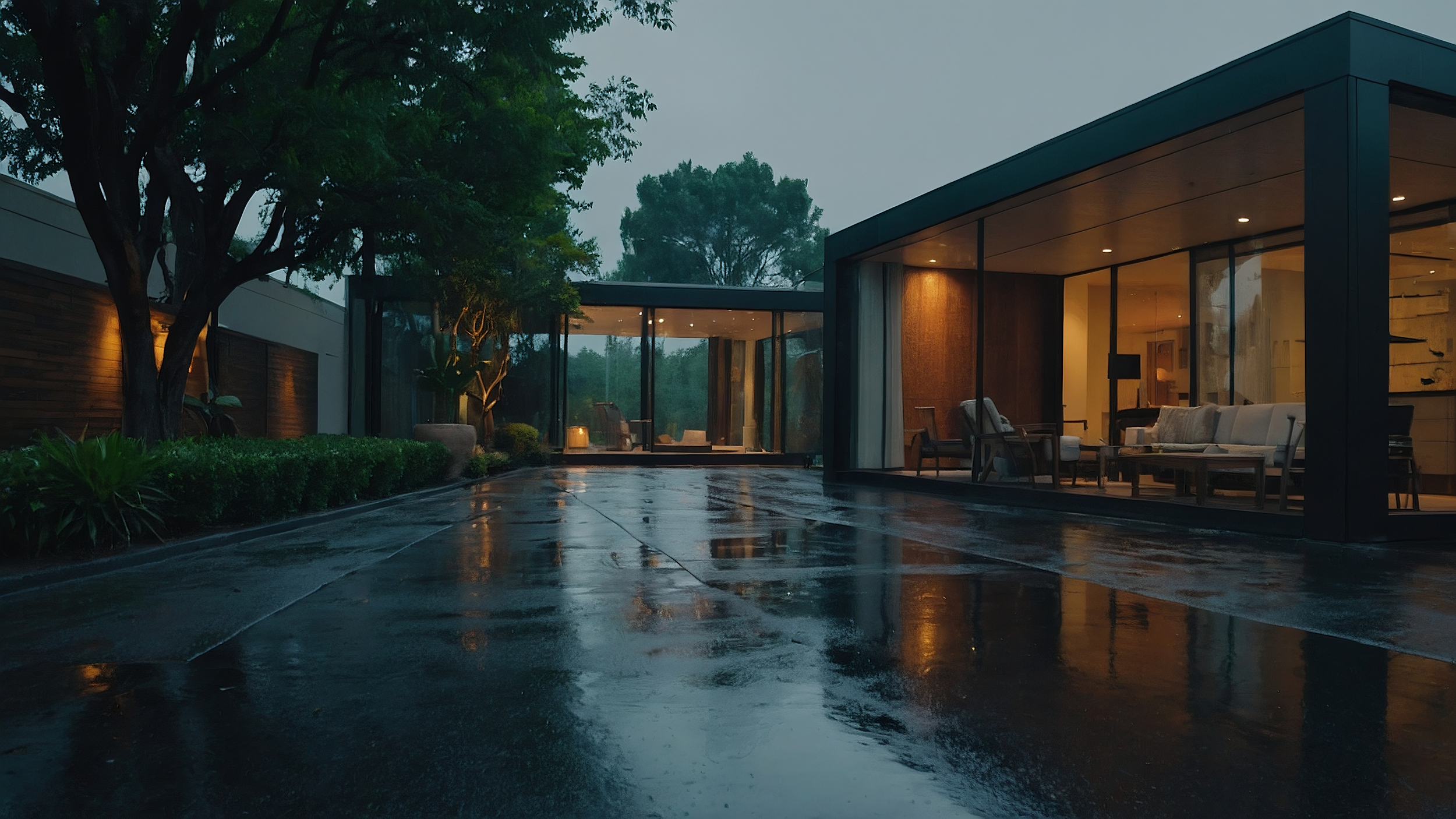 Modern house with glass walls and outdoor seating on a rainy evening.