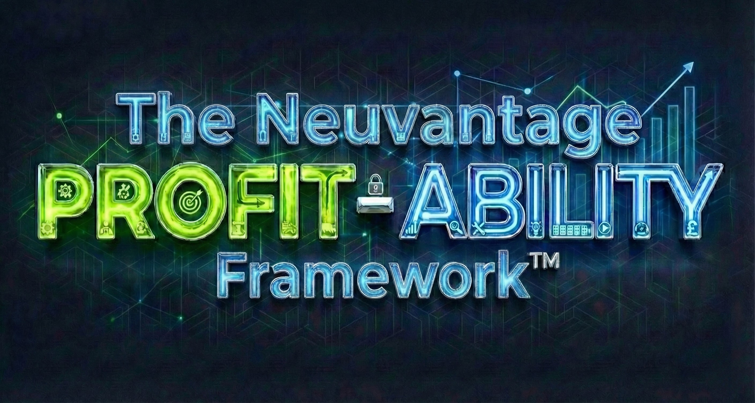 Neon sign reading 'The Neuantage Profitability Framework' with symbols of a lock, target, graph, and currency signs in a digital background.