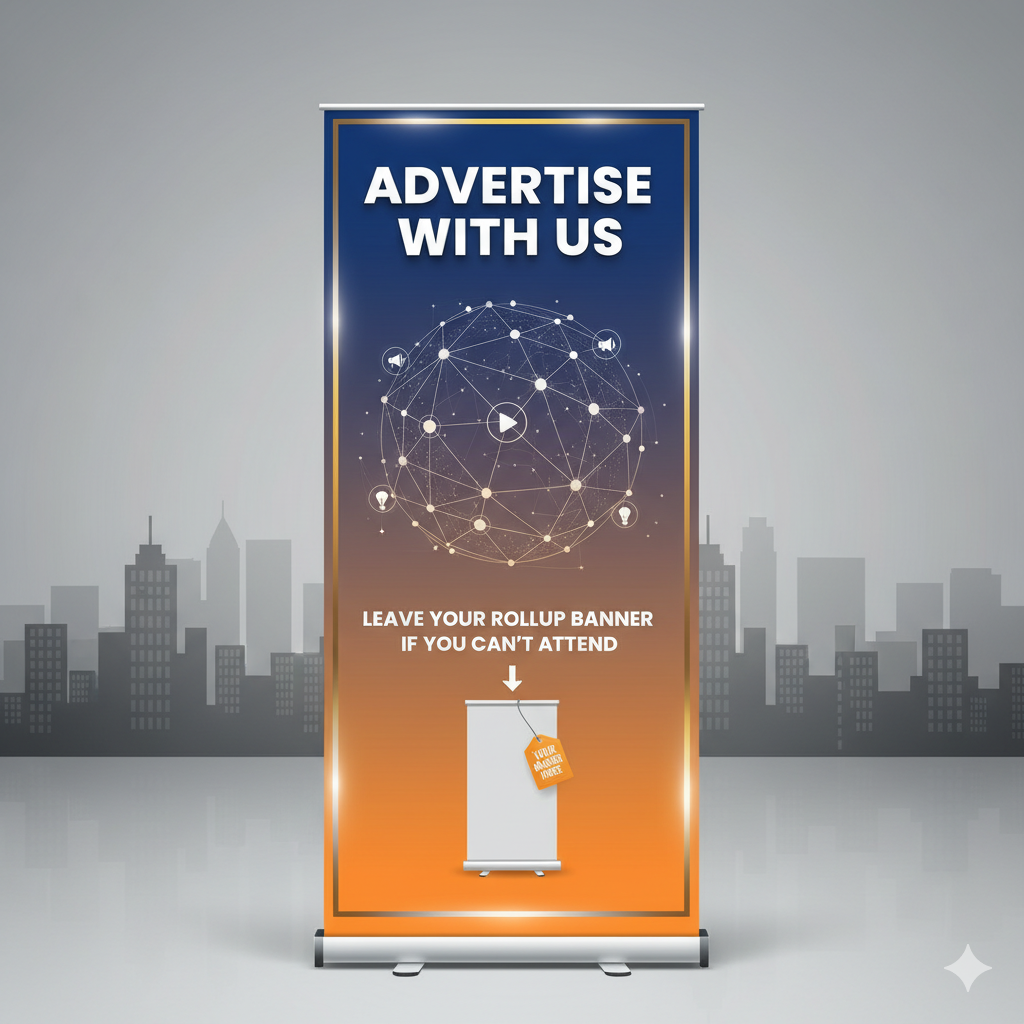 City skyline with a vertical banner advertising with a call to leave a roll-up banner if unable to attend, featuring a globe with connected nodes and icons for media, ideas, and achievements.