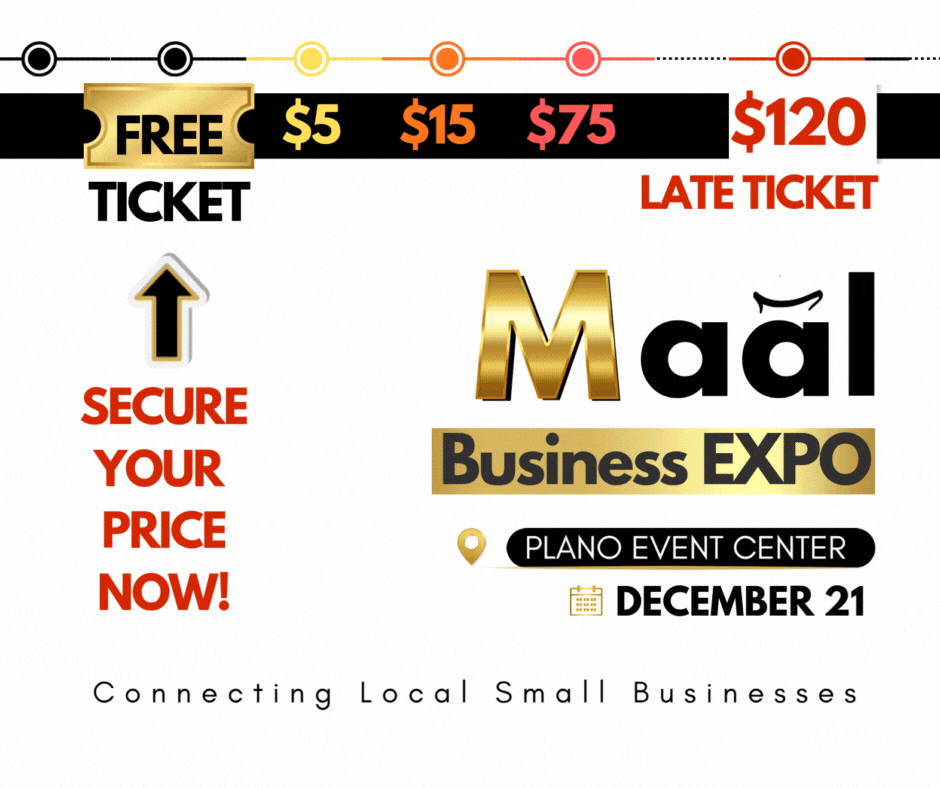 Poster for the Ma'al Business Expo at Plano Event Center, scheduled for December 21. Features ticket pricing, including free and late options, and encourages securing your price now.
