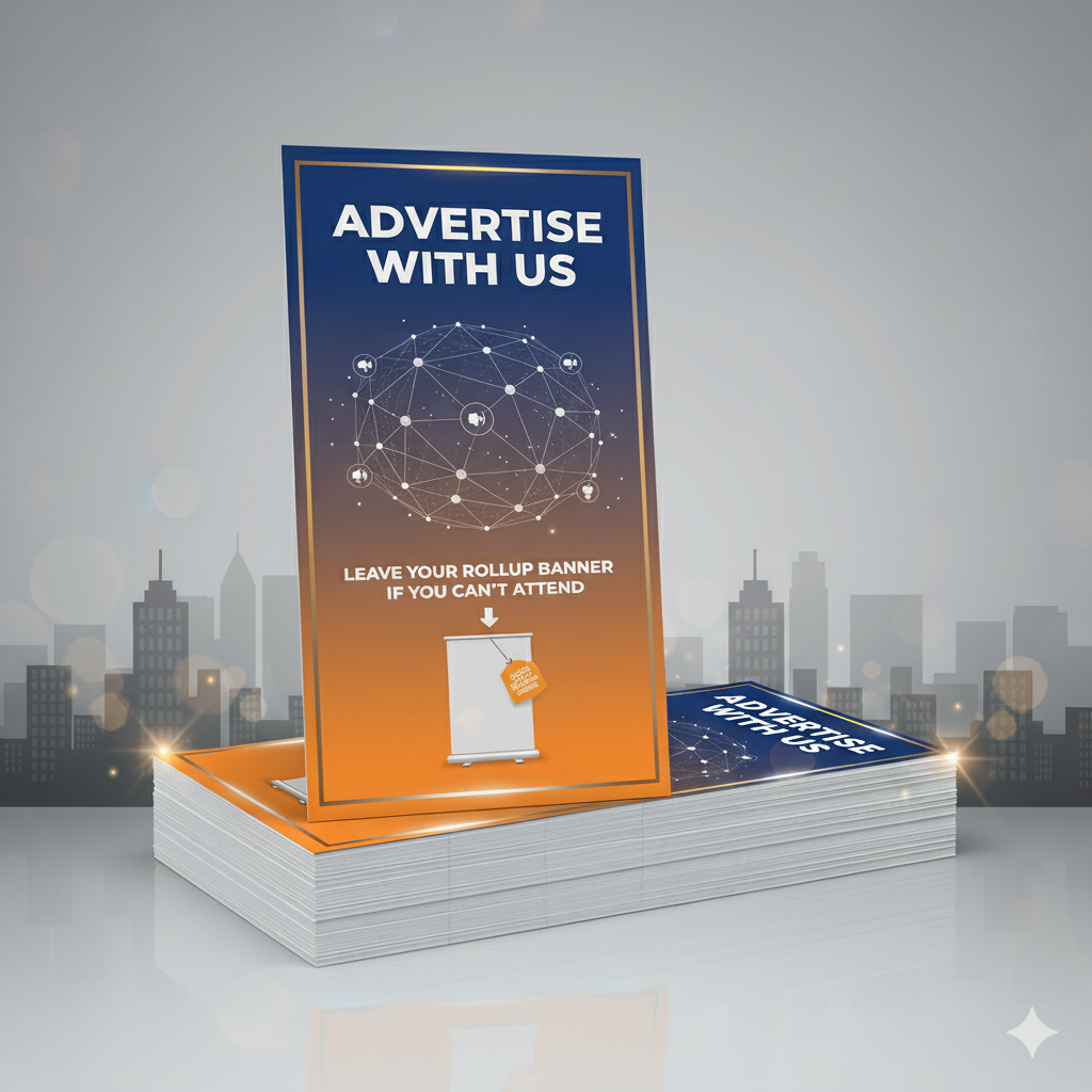 An advertising stand promoting an opportunity to advertise with the company, featuring a futuristic network globe graphic and a roll-up banner placed on a stack of identical banners against a city skyline background.