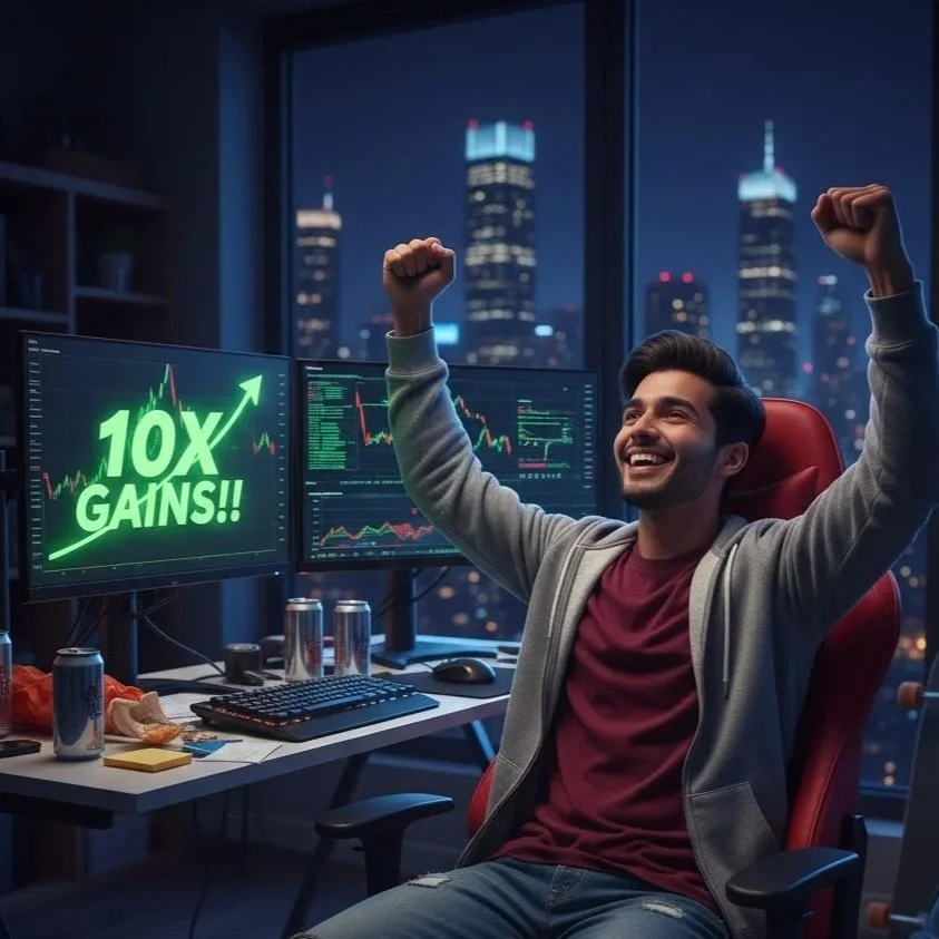A man celebrating in front of dual computer monitors with stock charts, one displaying '10X GAINS!!' in green text, in a city skyscraper office at night.