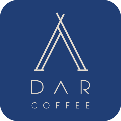 Dark blue logo with stylized tent and the words "DAR Coffee" underneath.
