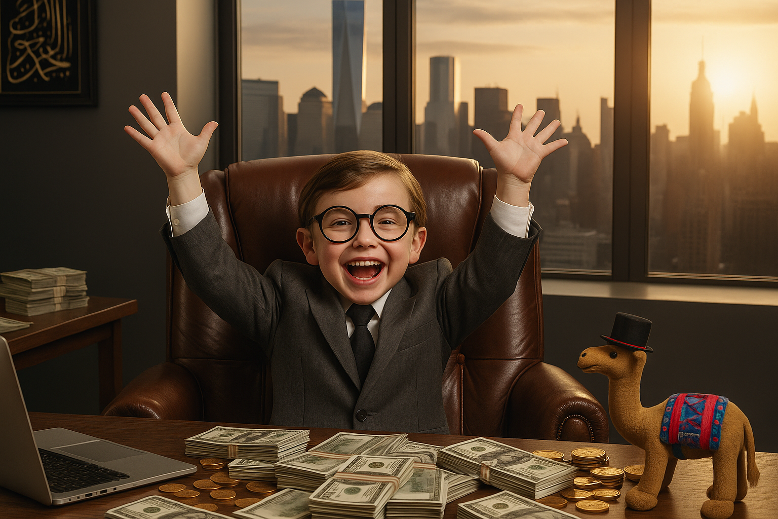 A young boy in a business suit and glasses sitting at a desk with shuffling cash and coins, raising his hands in excitement inside an office, with city skyscrapers visible through the window during sunset.