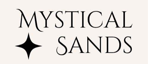 Logo for Mystical Sands featuring the words 'Mystical Sands' in black text with a black star-like design.