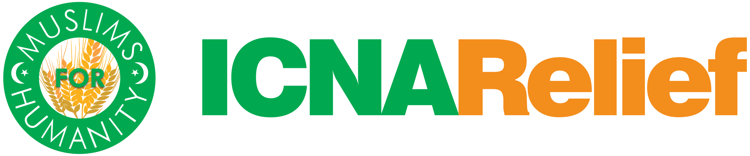 Logo for ICNA Relief with green and orange text and a circular emblem featuring wheat and stars.