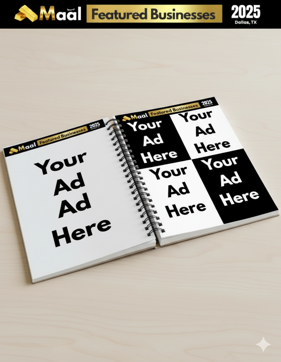 Open spiral notebook on a light-colored table with placeholder text 'Your Ad Here' in black and white, and a header with 'Maál' and 'Featured Businesses 2025 Dallas, TX'.