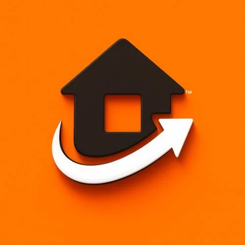 House-shaped icon with a curved arrow around it on orange background.