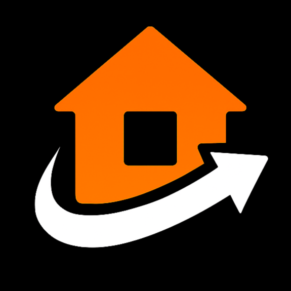 An orange house icon with a white arrow circling around it on a black background.