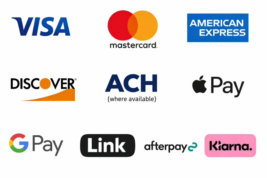 Logos of various payment options including Visa, Mastercard, American Express, Discover, ACH, Apple Pay, Google Pay, Link, Afterpay, and Klarna.