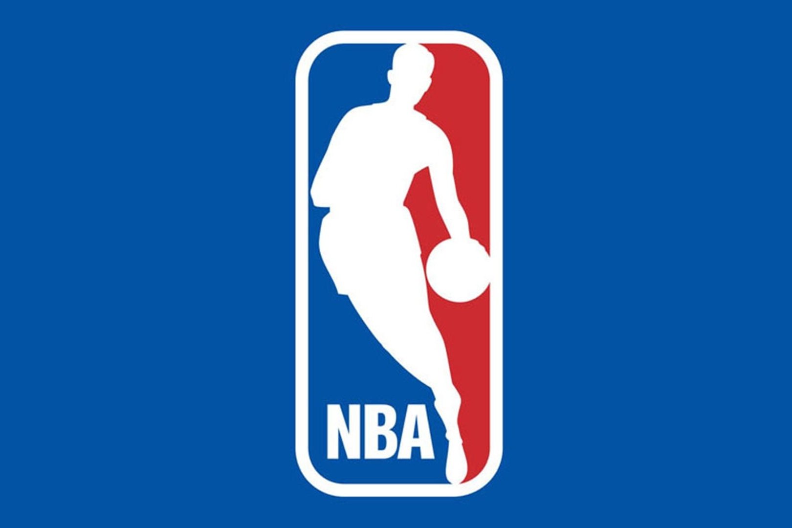 NBA logo featuring a silhouette of a basketball player dribbling, with a background split into blue and red sections.