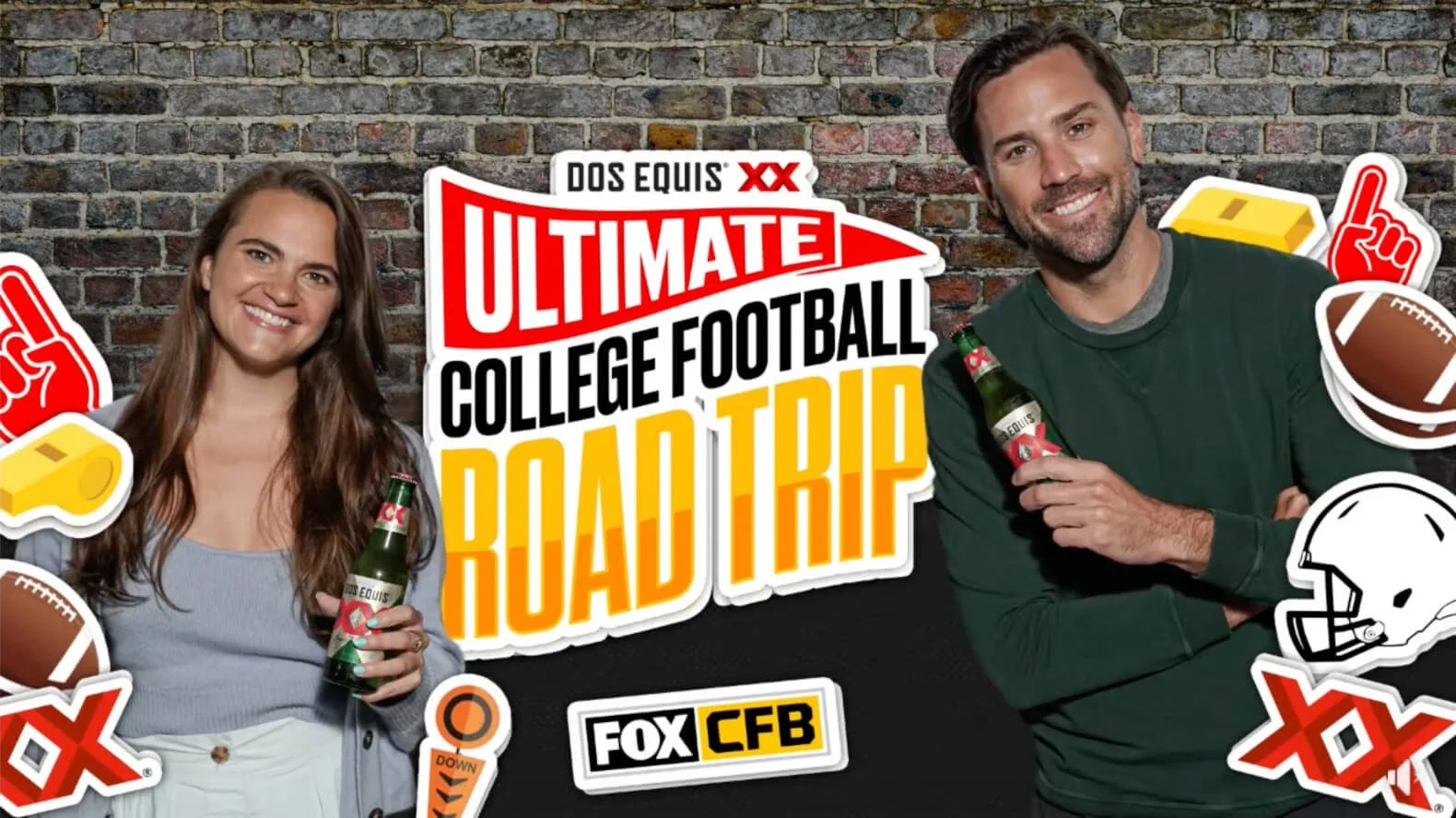 Two smiling people holding bottles of Dos Equis beer, standing in front of a brick wall with a sign that reads 'Ultimate College Football Road Trip,' surrounded by football and sports-themed stickers.