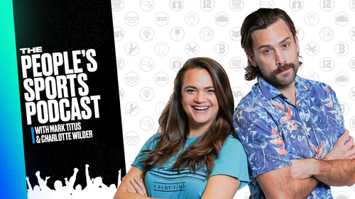 Two hosts, a woman and a man, standing in front of a black and white poster for 'The People's Sports Podcast' with their arms crossed and smiling, against a background with sports and Bitcoin icons.