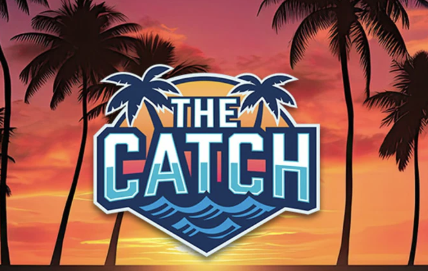 A sunset with orange and pink hues behind silhouettes of palm trees, and a logo in the center reading 'The Catch' with palm trees and ocean waves.